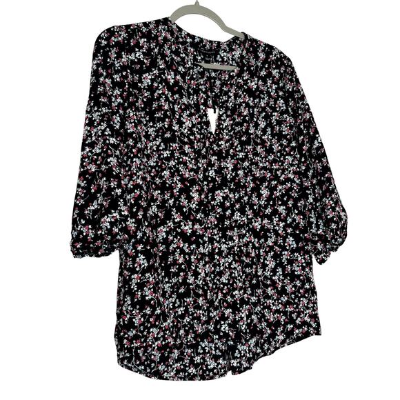 41 Hawthorn Split Neck Blouse Black Floral 3/4 Sleeve NWT Size Medium - Picture 2 of 8